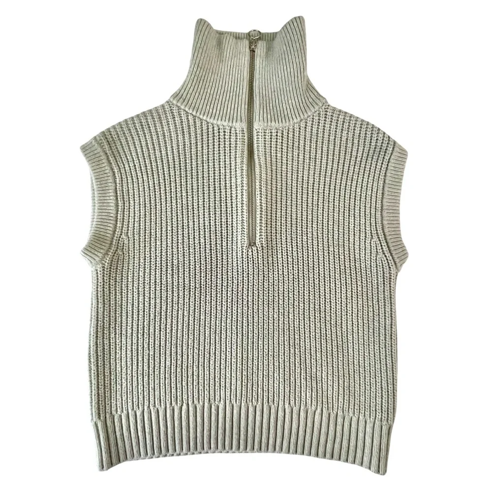 Rachel Zoe Gray Sleeveless 1/4 Zip Closure Ribbed Knit Sweater Vest SzM